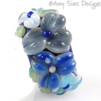 Regaliz Bead: Blue Floral Artisan Lampwork Glass Focal