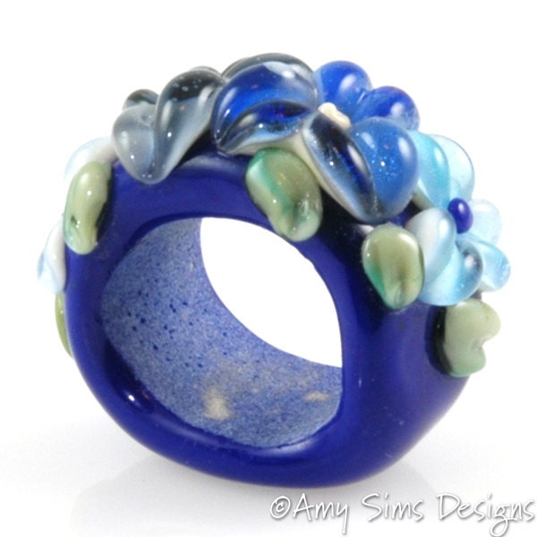 Regaliz Bead: Blue Floral Artisan Lampwork Glass Focal