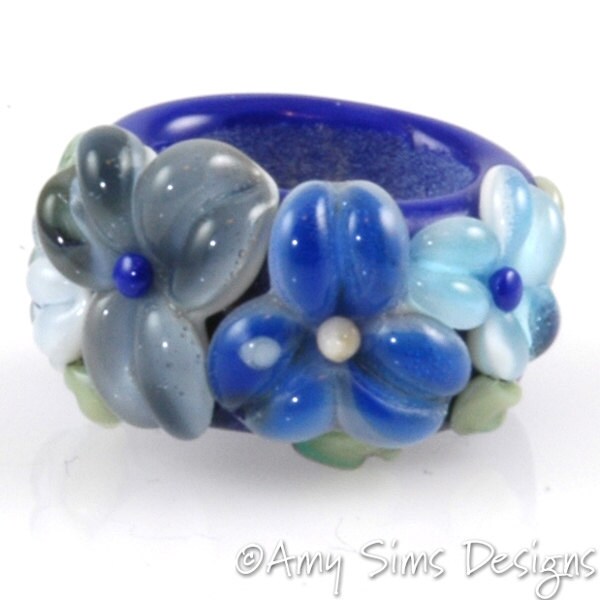 Regaliz Bead: Blue Floral Artisan Lampwork Glass Focal