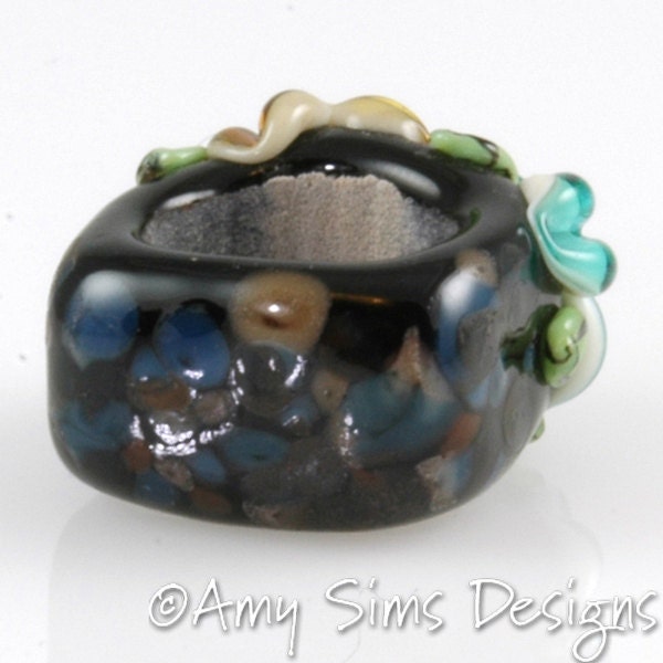 Teal Floral Artisan Lampwork Glass Focal Bead for Regaliz Leather