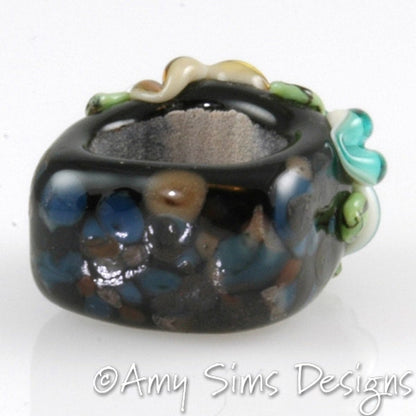 Teal Floral Artisan Lampwork Glass Focal Bead for Regaliz Leather