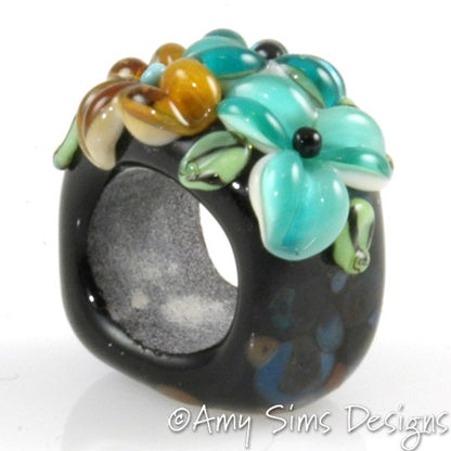 Teal Floral Artisan Lampwork Glass Focal Bead for Regaliz Leather