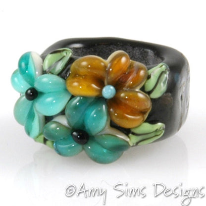 Teal Floral Artisan Lampwork Glass Focal Bead for Regaliz Leather