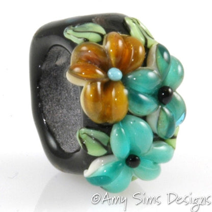 Teal Floral Artisan Lampwork Glass Focal Bead for Regaliz Leather
