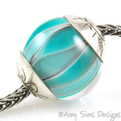 Teal Waves FRIENDS Lampwork Glass Focal Bead with Sterling Silver Caps