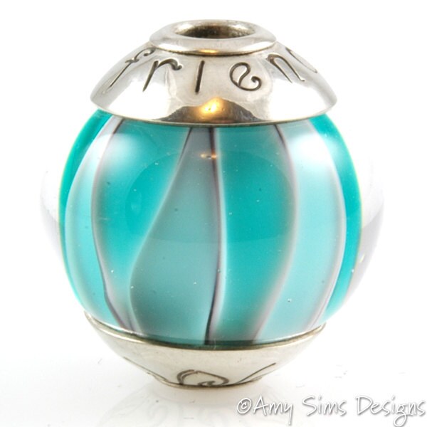 Teal Waves FRIENDS Lampwork Glass Focal Bead with Sterling Silver Caps