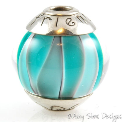 Teal Waves FRIENDS Lampwork Glass Focal Bead with Sterling Silver Caps