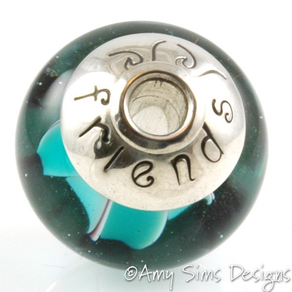 Teal Waves FRIENDS Lampwork Glass Focal Bead with Sterling Silver Caps