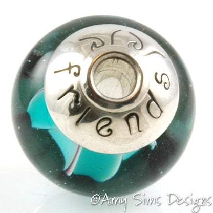 Teal Waves FRIENDS Lampwork Glass Focal Bead with Sterling Silver Caps