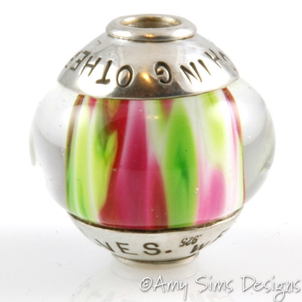 Lime and Pink TEACHERS Lampwork Glass Focal Bead with Sterling Silver Caps