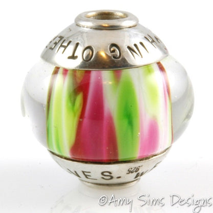 Lime and Pink TEACHERS Lampwork Glass Focal Bead with Sterling Silver Caps