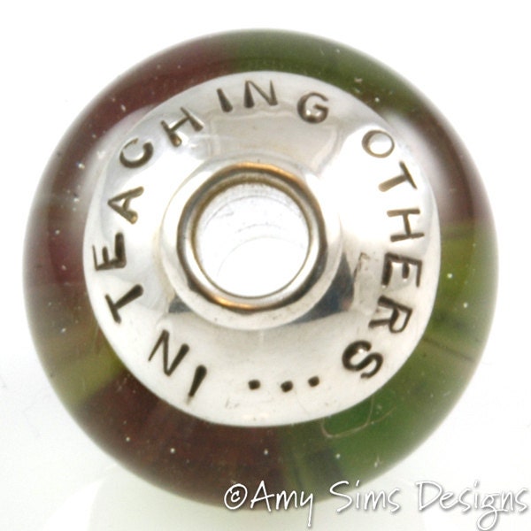 Lime and Pink TEACHERS Lampwork Glass Focal Bead with Sterling Silver Caps