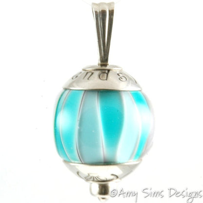 Teal Waves FRIENDS Lampwork Glass Focal Bead with Sterling Silver Caps
