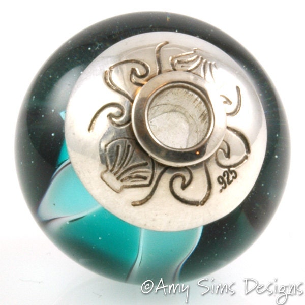 Teal Waves FRIENDS Lampwork Glass Focal Bead with Sterling Silver Caps