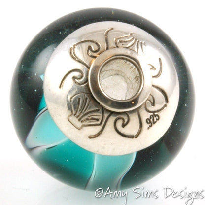 Teal Waves FRIENDS Lampwork Glass Focal Bead with Sterling Silver Caps