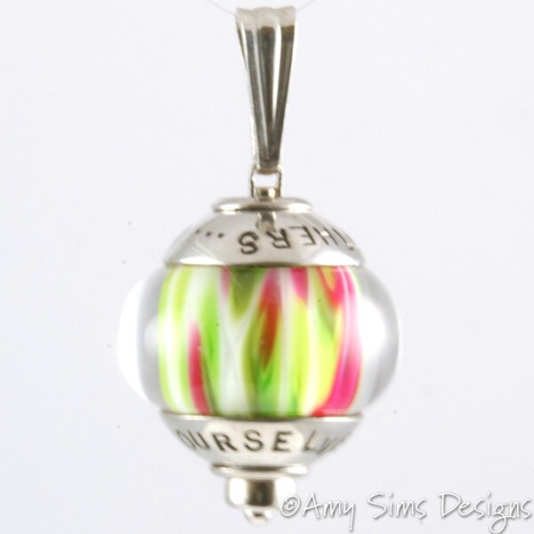 Lime and Pink TEACHERS Lampwork Glass Focal Bead with Sterling Silver Caps