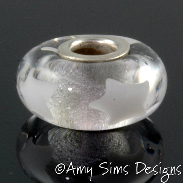White Stars Glass Big Hole Bead Artisan Lampwork SRA
