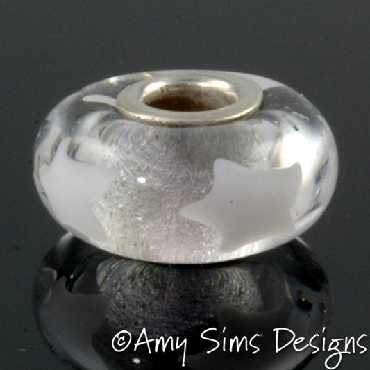 White Stars Glass Big Hole Bead Artisan Lampwork SRA
