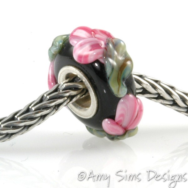 Pink Flower Buds Glass Artisan Lampwork Glass Bead SRA OOAK