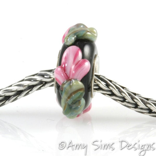 Pink Flower Buds Glass Artisan Lampwork Glass Bead SRA OOAK