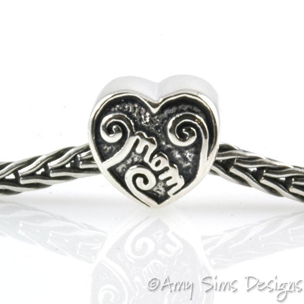 MOM Heart Sterling Slider Big Hole Bead X0225