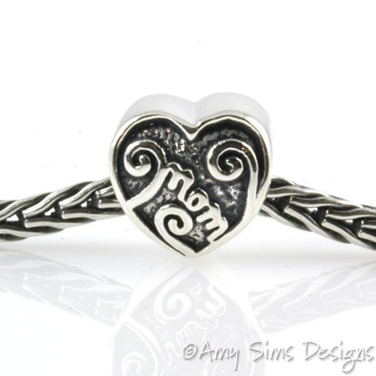 MOM Heart Sterling Slider Big Hole Bead X0225