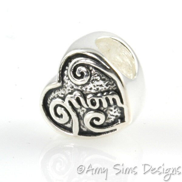 MOM Heart Sterling Slider Big Hole Bead X0225