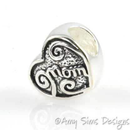 MOM Heart Sterling Slider Big Hole Bead X0225
