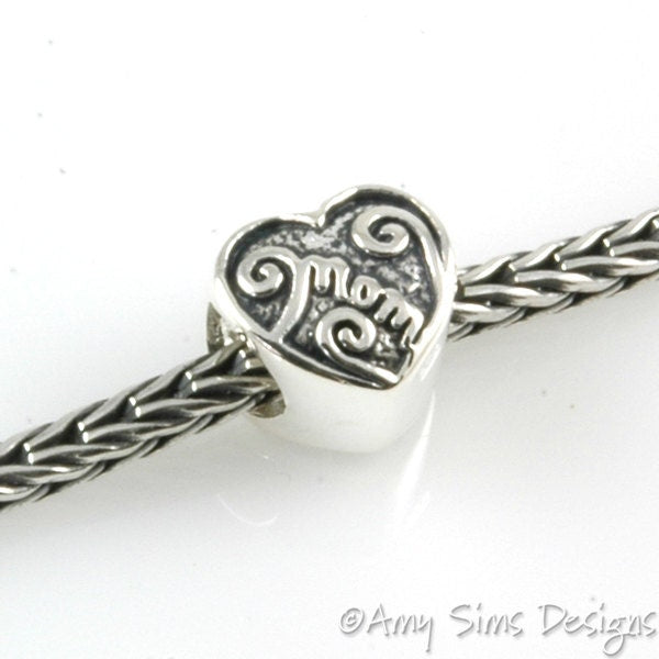 MOM Heart Sterling Slider Big Hole Bead X0225