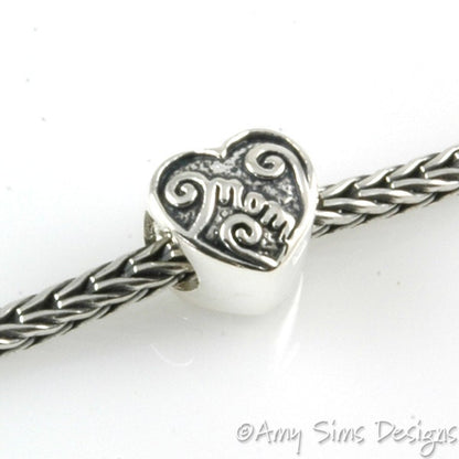 MOM Heart Sterling Slider Big Hole Bead X0225