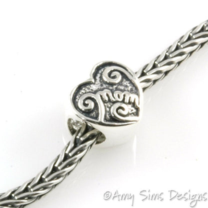 MOM Heart Sterling Slider Big Hole Bead X0225