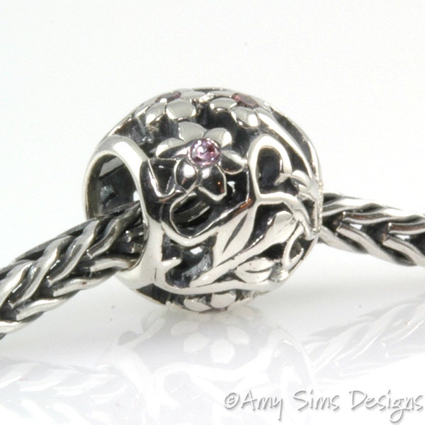 Pink CZ Flowers Sterling Slider Big Hole Bead X0239