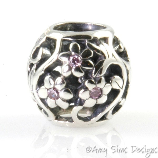 Pink CZ Flowers Sterling Slider Big Hole Bead X0239