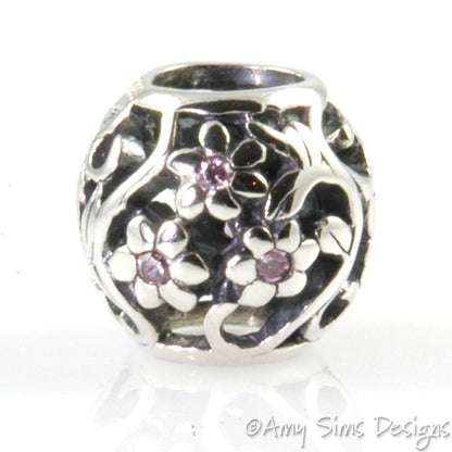 Pink CZ Flowers Sterling Slider Big Hole Bead X0239