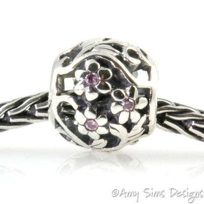 Pink CZ Flowers Sterling Slider Big Hole Bead X0239