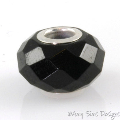 Black Onyx Slider Big Hole Bead Silver Core X0256