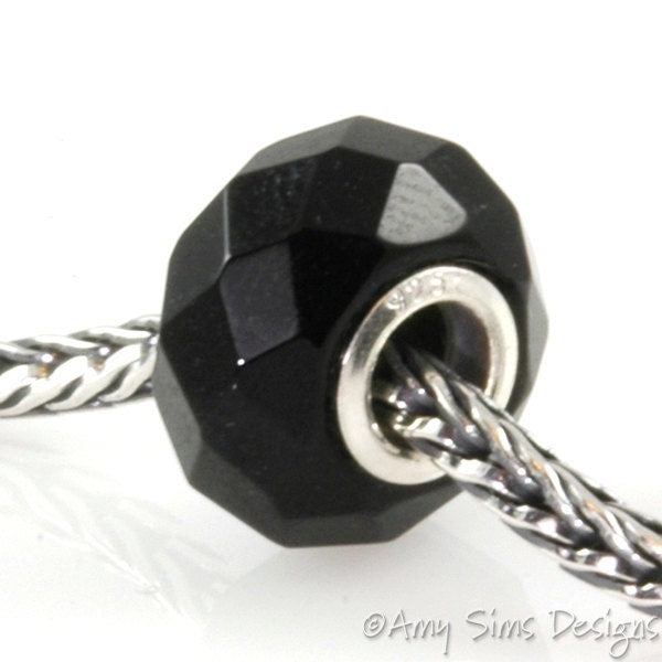 Black Onyx Slider Big Hole Bead Silver Core X0256