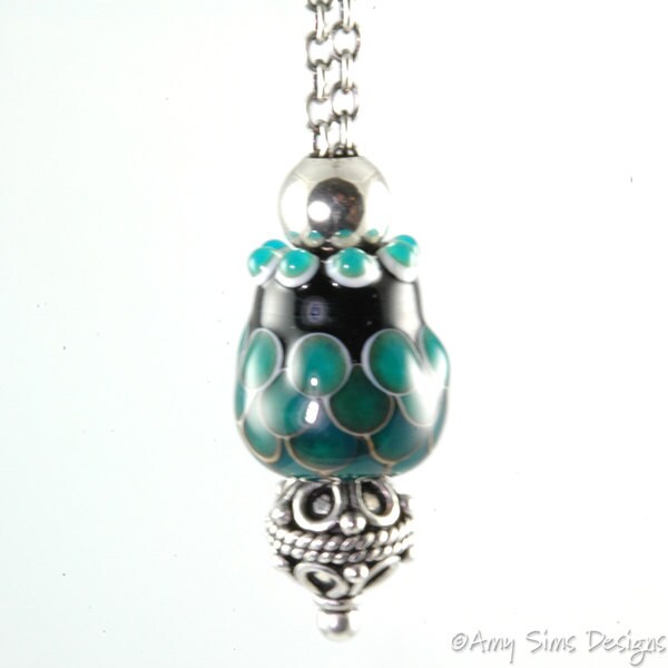 Ocean Green Fish Scales Jug Focal Bead SRA Lampwork Glass