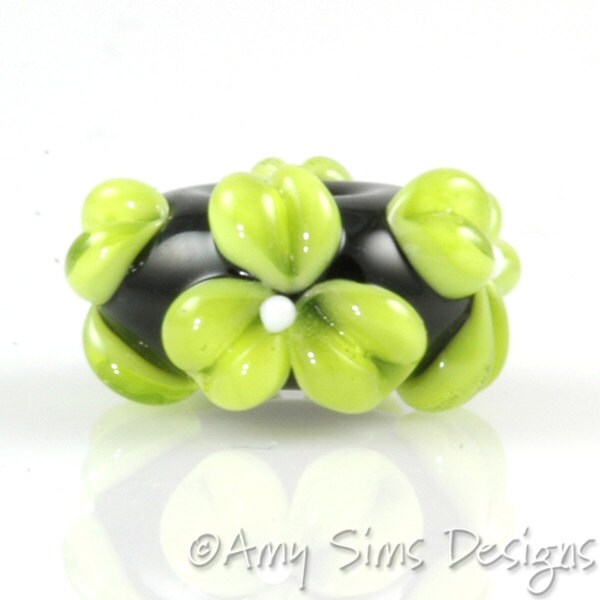 Lime Green Flowers Lampwork Glass European Charm Bead SRA