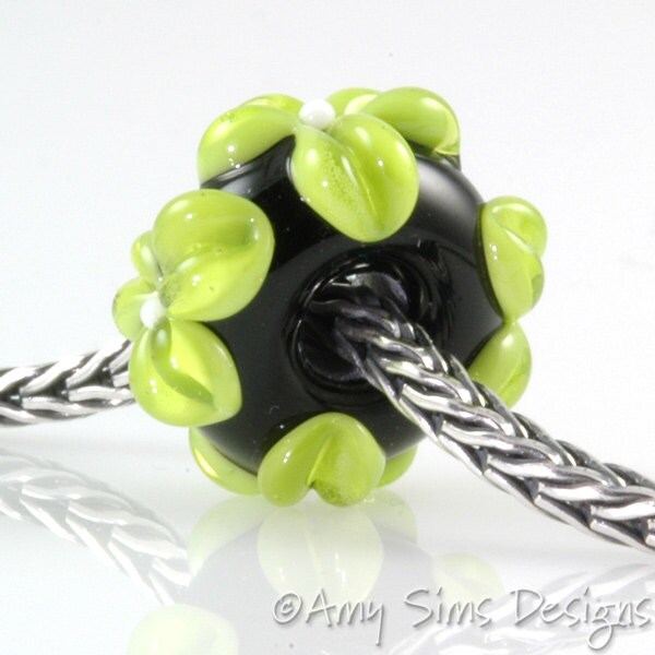Lime Green Flowers Lampwork Glass European Charm Bead SRA