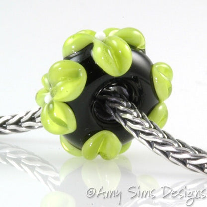 Lime Green Flowers Lampwork Glass European Charm Bead SRA