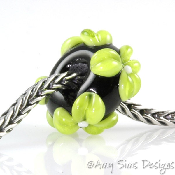 Lime Green Flowers Lampwork Glass European Charm Bead SRA