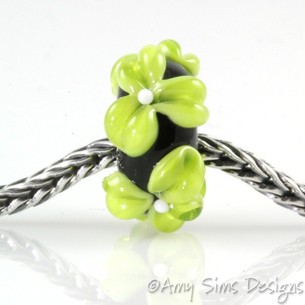 Lime Green Flowers Lampwork Glass European Charm Bead SRA