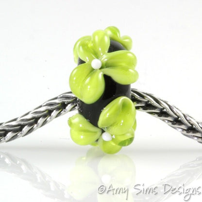Lime Green Flowers Lampwork Glass European Charm Bead SRA