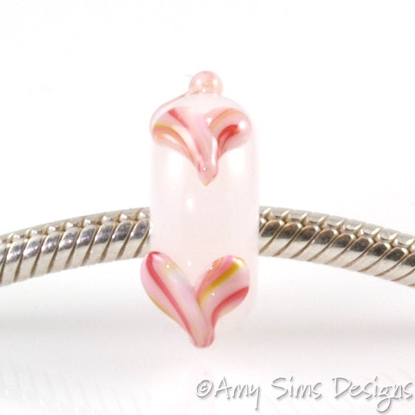 European Charm Bead Big Hole Lampwork Glass Bead Pink Swirly Heart