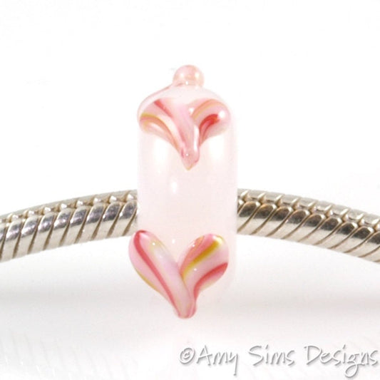 European Charm Bead Big Hole Lampwork Glass Bead Pink Swirly Heart