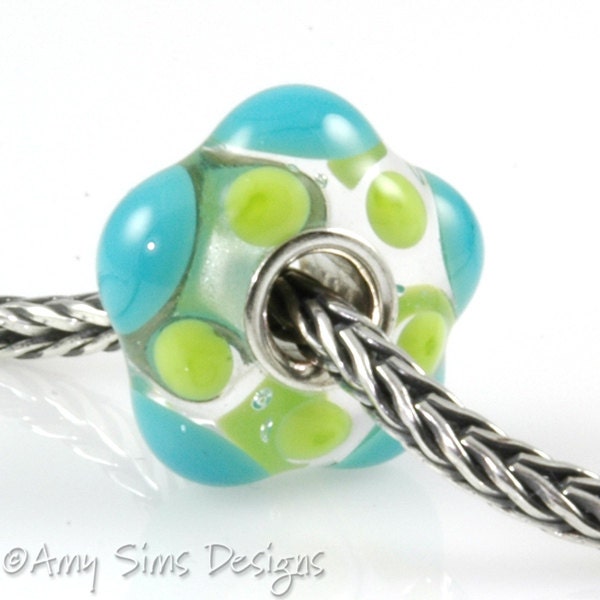 Large Hole Glass Bracelet Bead in Teal and Green Artisan Lampwork