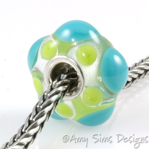 Large Hole Glass Bracelet Bead in Teal and Green Artisan Lampwork