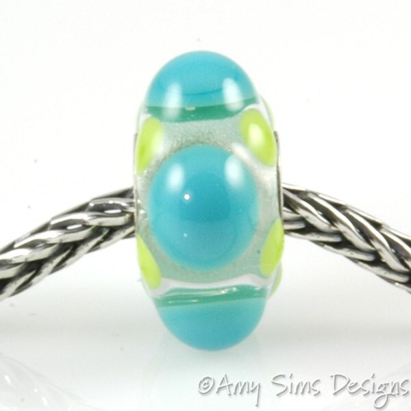Large Hole Glass Bracelet Bead in Teal and Green Artisan Lampwork