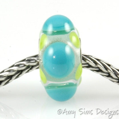 Large Hole Glass Bracelet Bead in Teal and Green Artisan Lampwork